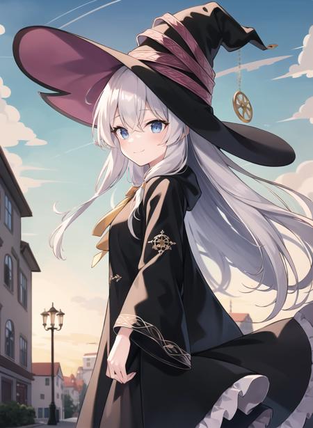 elaina, 1girl, solo, long hair, blue eyes, skirt, shirt, long sleeves, hat, bow, ribbon, hair between eyes, white shirt, white hair, boots, frills, wide sleeves, black skirt, bag, black footwear, black headwear, witch hat, frilled skirt, robe, yellow ribbon, witch, brown bag, black robe, open robe, pointy footwear elaina, 1girl, long hair, blue eyes, dress, holding, hair between eyes, sitting, closed mouth, ahoge, white hair, sleeveless, red ribbon, neck ribbon, sleeveless dress, blue dress,