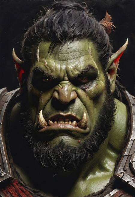 Warcraft Orc, Black over black, top light, masterful painting in the style of Anders Zorn | Marco Mazzoni | Yuri Ivanovich, Todd McFarlane, oil on canvas