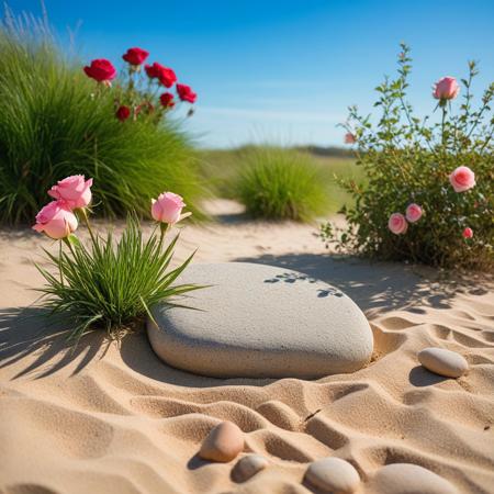 Product photography, with a grassy background and some rose flowers and plants. In the foreground, there is an empty flat stone on sand ground, against a blue sky. The image has a depth of field effect, creating a spring atmosphere with fresh colors. It is super detailed and super realistic, with high resolution, high quality, and high detail. The professional color grading, soft shadows, and clean, sharp focus result in intricate details and a pleasing bokeh effect, captured with a Canon camera