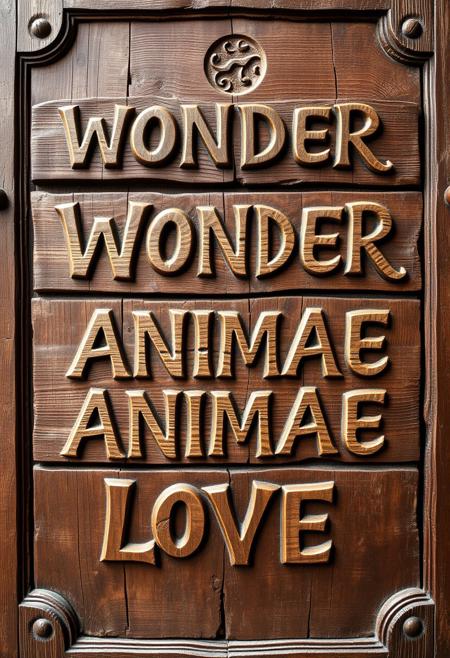 A large, rustic wooden sign with an ancient, weathered appearance, carved with intricate details and sublime craftsmanship. The wood texture is aged with subtle cracks and rich grains, evoking a sense of timelessness. The letters are hand-written in a flowing, elegant script across four lines. The words are beautifully arranged as: ‘WONDER,’ ‘SOUL,’ ‘ANIMAE,’ and ‘LOVE.’ The hand-lettered font gives off a feeling of something sacred and meaningful, blending naturally with the ancient, mystical quality of the sign, as though it has existed for centuries