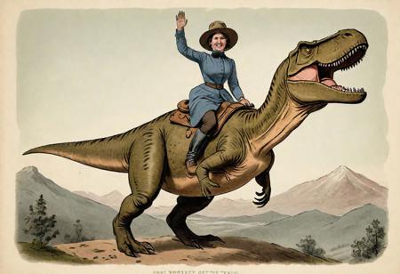 ASCII illustration, 1860 portrait of a woman ridding a trex, smiling, waving,  kodachrome,jumping,  dusty shirt  , thick skin, scale, hat, mountain, animal hide, fur,