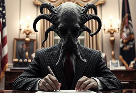 president cthulu in a sharp pin striped suit posing for presidential portrait in the oval office, real photograph, signing bill, ominous evil, empty eyes, lovecraftian