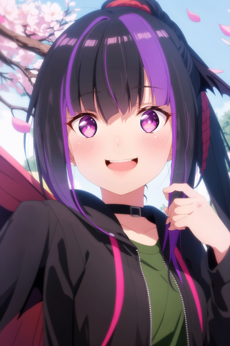 phone, 1Girl, holding phone, holding, Female focus, solo, cellphone, Smile, smartphone, looking at viewer, jacket, blush, multicolored hair, streaked hair, purple eyes, purple hair, green jacket, upper body, long hair, Beautiful hair, ponytail, wings, bangs, low ponytail, pink eyes, black hair, teeth, lower teeth only, bright pupils, shirt, black jacket, track jacket, bat wings, hand up, choker, long sleeves, portrait, open jacket, japanese clothes, black choker, white pupils, open clothes, smile, upper teeth only, demon wings, bishounen, sidelocks, pink background, selfie, mini wings, outdoors, cherry blossoms, fingernails, close-up, flower, taking picture, multicolored jacket, black wings, green shirt, eyelashes, tree, messy hair, parted bangs, alternate costume, twitter username