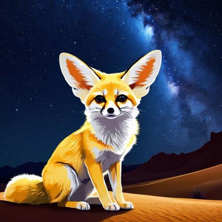 Fennec fox sits quietly in the desert at night, looking at the stars. --no "very painting style" --ar 9:16 --v 6.0
