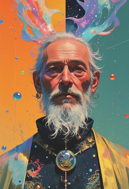 A hyper-realistic digital portrait of an 82-year-old bald man with a long silver beard, deeply wrinkled skin, sun spots, and visible age lines. His head and neck are semi-transparent, filled with swirling liquid patterns in glowing amber, luminous turquoise, and deep cobalt, creating a surreal, gelatinous effect of flowing energy within. He wears a matte gold robe adorned with blue glass beads, intricate embroidery, and geometric motifs, contrasting against the fluid interior glow.
The background is divided into four distinct sections: vibrant orange with fine white linework and circular symbols; deep cerulean with repeating graphic patterns; moss green layered with black-and-white shapes; and muted lavender with textured designs. Flowing curved lines weave through the scene, filled with intricate dots, stripes, and layered motifs, creating rhythmic movement. The composition merges realism with stylized abstraction, using a retro-futurist palette and contemporary digital design language.
