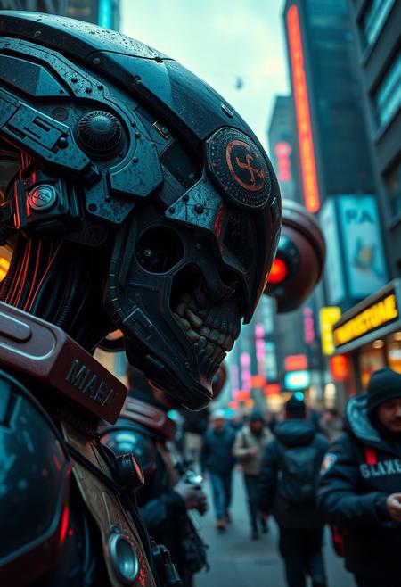 A candid street photography close-up shot depicting a macabre dark fantasy science fiction scene with futuristic themes, cosmic landscapes, vibrant colors, dynamic composition, advanced technology, space exploration, alien worlds, and detailed starships.  The image should feature detailed focus and spontaneous candid moments in urban scenes.