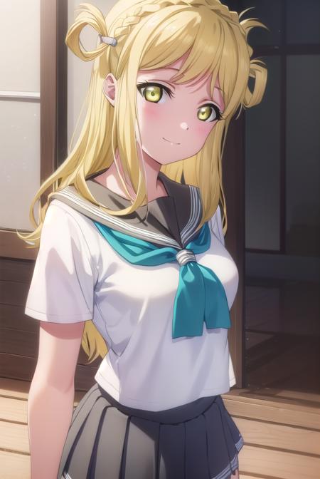 mariohara, <lora:mari ohara s2-lora-nochekaiser:1>,
mari ohara, long hair, bangs, blonde hair, hair ornament, (yellow eyes:1.3), braid, medium hair, hair rings, crown braid, smile,
BREAK skirt, school uniform, short sleeves, pleated skirt, serafuku, socks, neckerchief, kneehighs, black socks, green neckerchief, grey skirt, uranohoshi school uniform,
BREAK indoors, classroom,
BREAK looking at viewer, (cowboy shot:1.5),
BREAK <lyco:GoodHands-beta2:1>, (masterpiece:1.2), best quality, high resolution, unity 8k wallpaper, (illustration:0.8), (beautiful detailed eyes:1.6), extremely detailed face, perfect lighting, extremely detailed CG, (perfect hands, perfect anatomy),