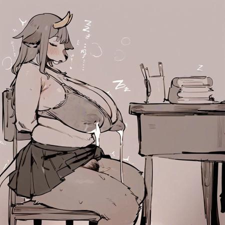 score_9, score_8_up, score_7_up, score_6_up, score_5_up, score_4_up,
motherly cow with huge lactating breasts,
anthro, female, by bebebebebe, slightly chubby, anatomically correct pussy, in heat, plump labia,  , huge areola, (erect nipples under clothes), (lactating througth clothes), sagging breasts, huge breasts, pussy juice, pussy juice drip, pubic hair, nipple piercing, (trembling: 1.1), wide hips, thick thighs, anus, ass, cervix, erect clitoris, 
(sleeping:1.3), classroom background, (long nipple:1.3), breast slip, sitting, desk, side view, tits on desk, , cow horn, cow tail, school uniforme, skirt, chair, bra throught clothes,