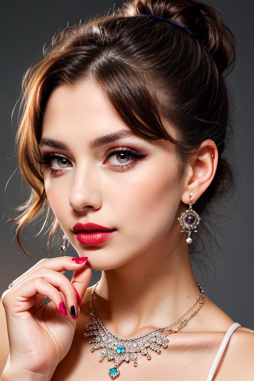 A young woman with red lipstick and a nose piercing is wearing a necklace and earrings.