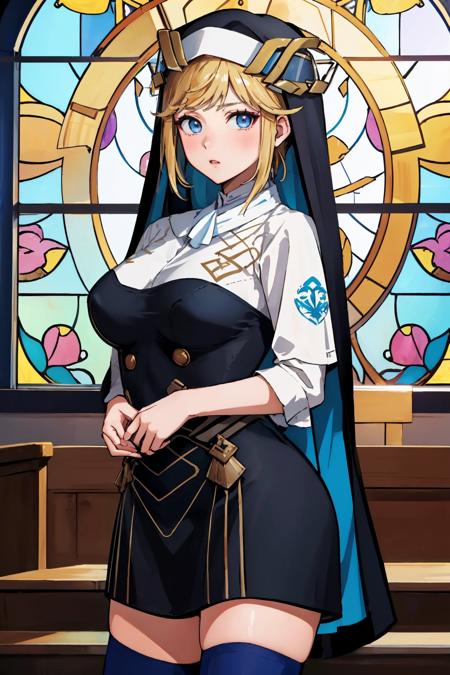 masterpiece, best quality,  <lora:gmuniform2-nvwls-v1-000009:1> gmuniform, blue thighhighs   <lora:rapunzel-nikke-richy-v1:1> rapunzel, nun, cowboy shot, church, stained glass, looking at viewer