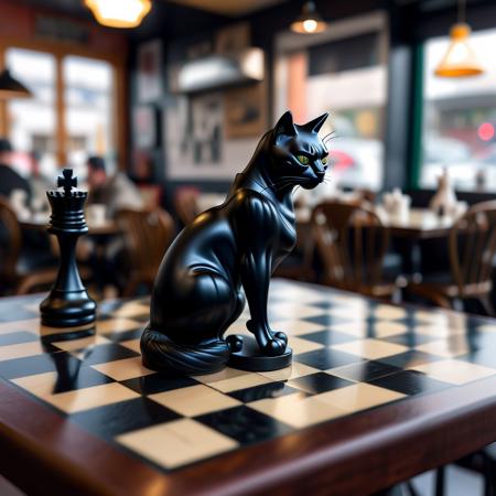 photorealist chess piece resembling a black cat on a chess table in a coffe shop, background blurred