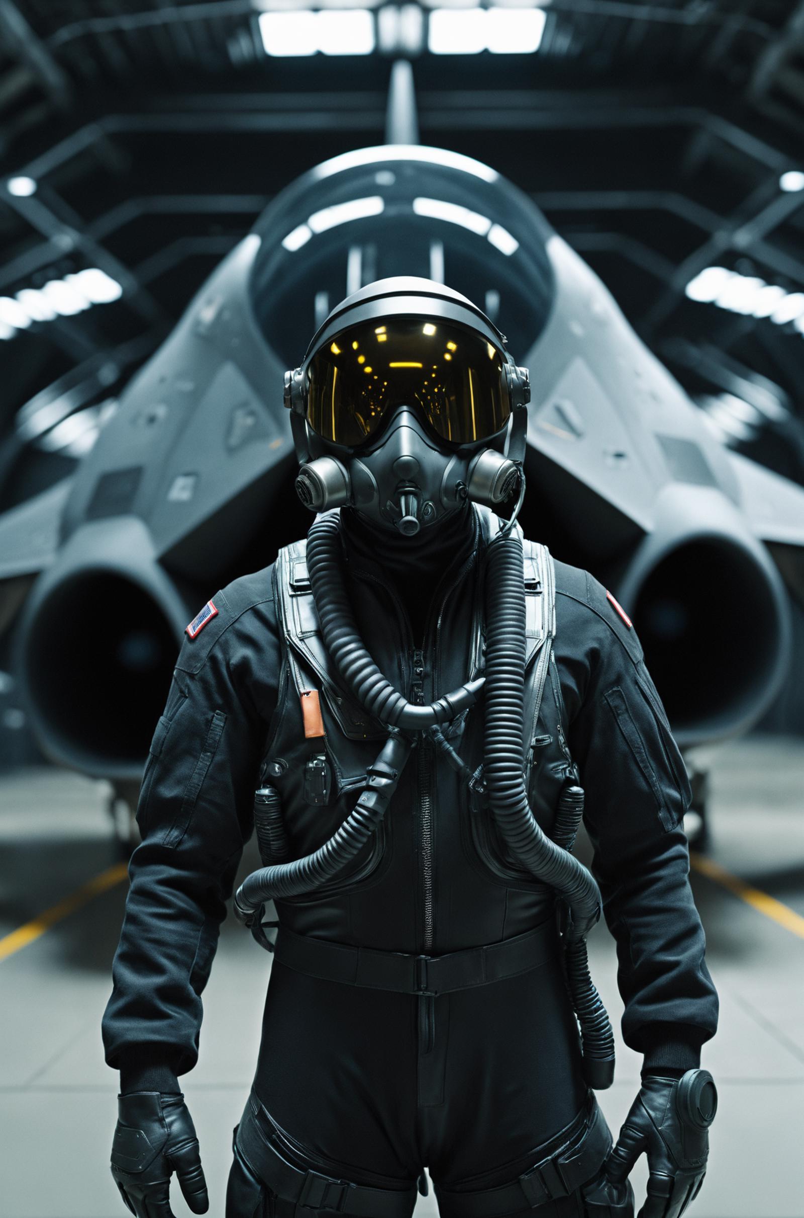 A man in a black suit with a gas mask stands in front of a jet.