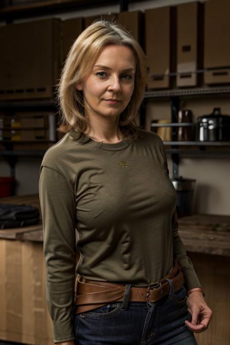 a mature L1873T Olive Brown tshirt, garage, leaning on a workbench <lora:Liz_Truss2:1> masterpiece, best quality, detailed face,, 1girl, solo, l1873t, realistic, blonde,