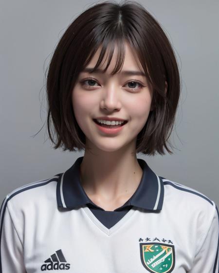 <lora:zyd232_ChineseGirl_v4_0:1> zydG, 1girl, detailed skin, looking at viewer, brown eyes, (short hair with bangs:1.2), (medium breasts:1.0), (big laugh:1.3), 
(soccer uniform:1.2), face focus, portrait, shap focus, (grey background:1.4),
(photorealistic:1.4), (best quality:1.0), (ultra highres:1.0), 8k, RAW photo, (masterpiece:0.2), 
(pureerosface_v1:0.5),