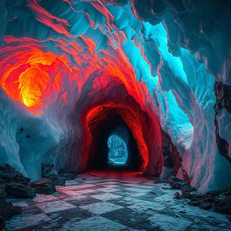 8k, source_photo, source_real, traditional media, real life photo, huge man-made ice cave, lit from above, vivid ice patterns, bright colours in the ice, glowing runes on an archway leading into a dark passageway, exposed rock formations cover the ground and walls, medieval, dungeons and dragons