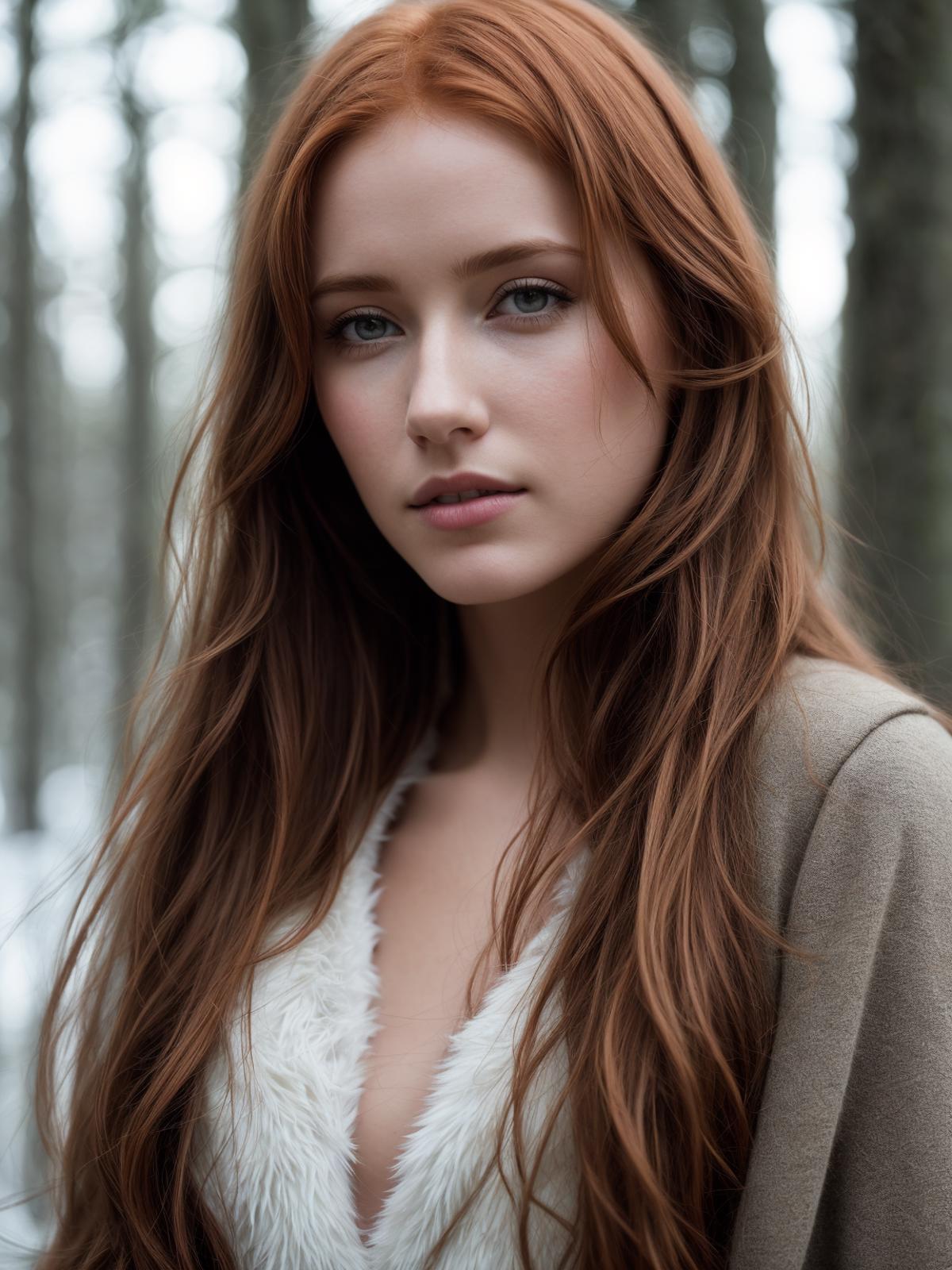 A young woman with long red hair and a fur coat on.