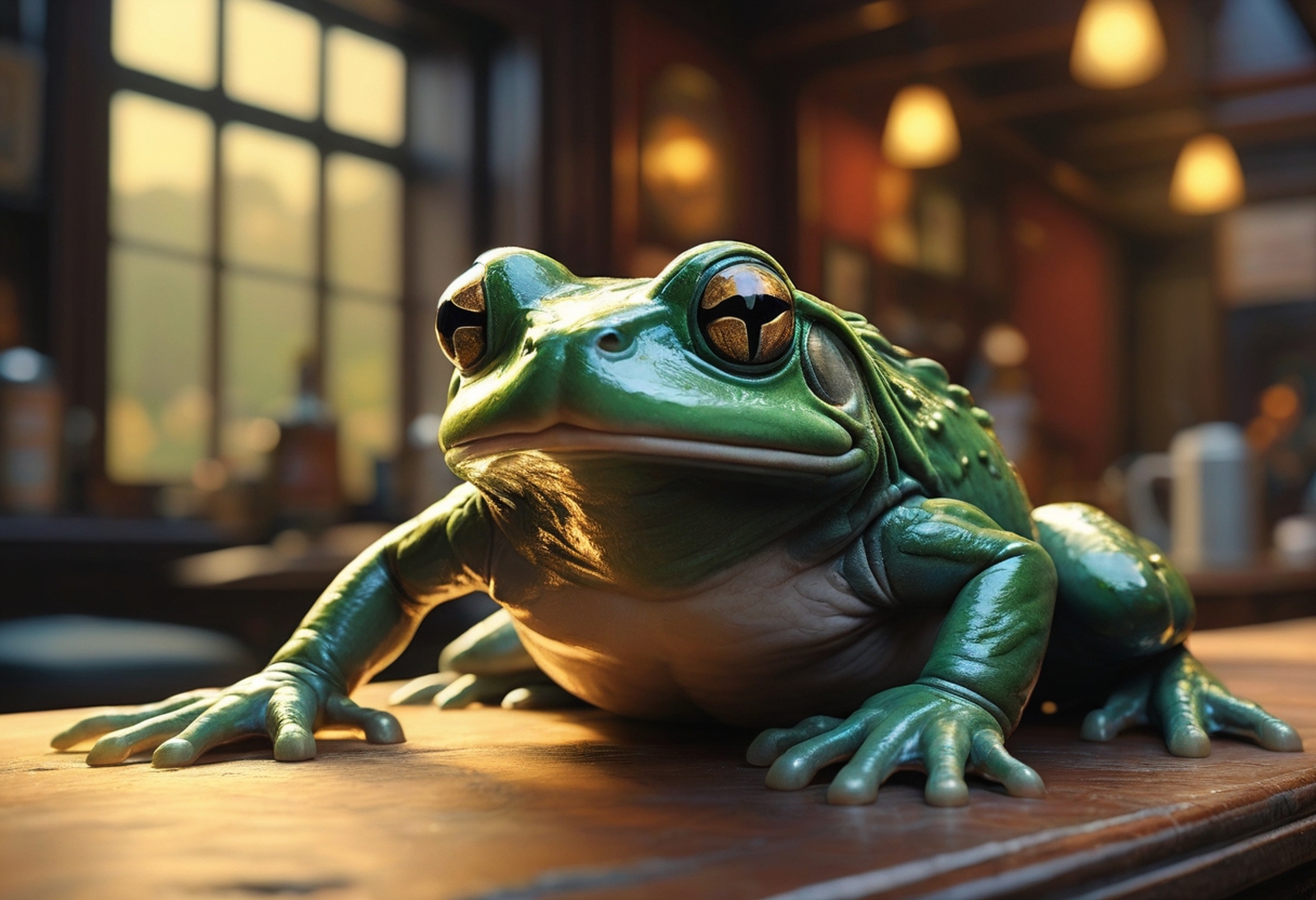 A green frog figurine with yellow eyes sitting on a wooden table.