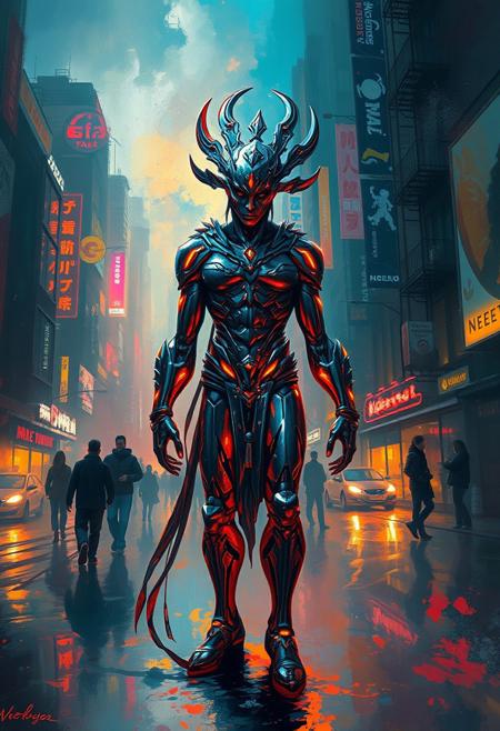 A futuristic god-like entity, their metallic body adorned with glowing tribal markings, standing amidst a storm of color and energy, vibrant impressionistic cityscape with glowing atmospheric light, rich color palette with deep blues, reds, and golden highlights, soft expressive brushstrokes creating movement and warmth, romantic and moody urban scenery, wet reflective streets with soft neon lights