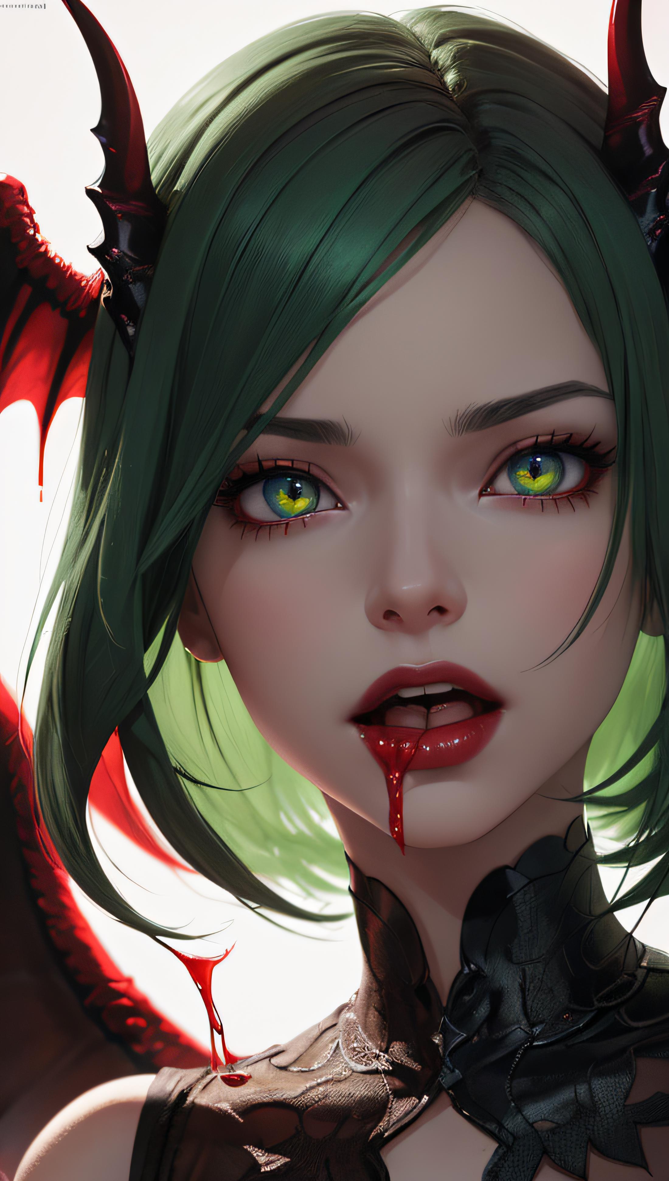 A green-haired woman with red eyes and red lips.