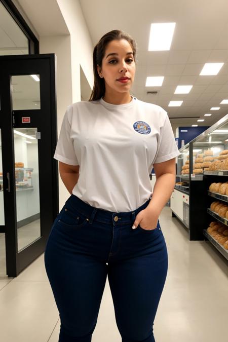 <lora:l0v3r4nd4l1n_v1:0@1, 0.95@1, 1@0>, high quality, high resolution, symmetry, work photo, (close shot), l0v3r4nd4l1n woman in jeans and working uniform at the bakery, BREAK, wide hips