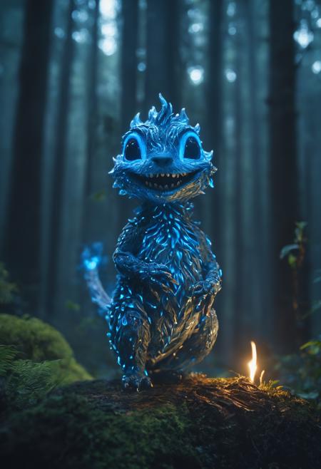 Medium shot, Adorable creature made of blue fire, smiling, surrealistic, fantasy, moody lighting, best quality, full body portrait, real picture, intricate details, depth of field, in a forest, fujifilm xt3, outdoors, bright day, beautiful lighting, raw photo, 8k uhd, film grain, unreal engine 5, ray tracing