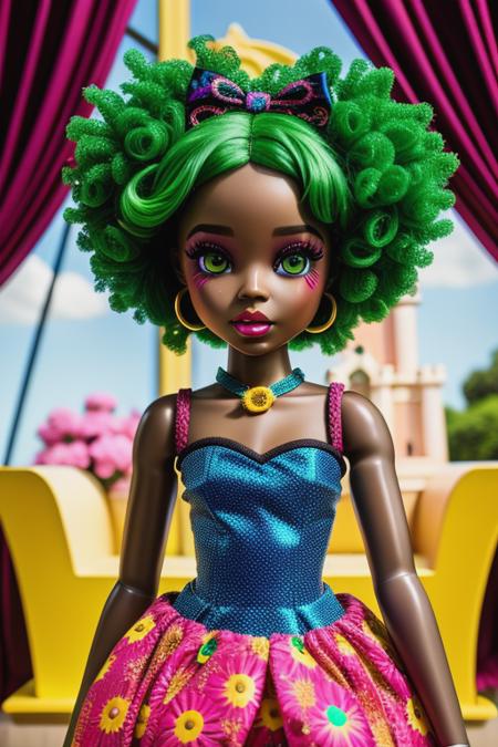 <lora:BratzV1:0.8>  black Bratz girl  with brown detailed eyes and big lips and neon green hair  , wearing versace colorful flowers blue dress , full body  , black afro plastic dark skin , doll joints ,  castle rococo hall background  ,(masterpiece, top quality, best quality, beautiful and aesthetic:1.2),