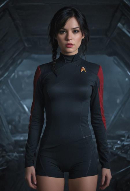 Starship Star Trek Enterprise officer, masterfully translated into a Star Trek style uniform combining elements of red and black, resolute attitude,  her uniform placed prominently on the bridge of the starship. Rendering in the genre of a hyper detailed character concept art by Artgem reminiscent of attractive girl beauty, her black wavy hair cascading onto her shoulders, sparking a dramatic allure, paired suspenseful atmosphere, cinematic lighting, Atrractive 21 years old woman, attractive, 8k resolution concept art portrait by Greg Rutkowski