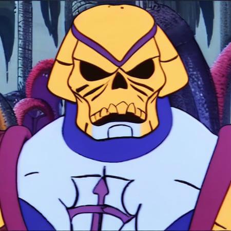 portrait of skeletor, purple chain mail, filmation motu style