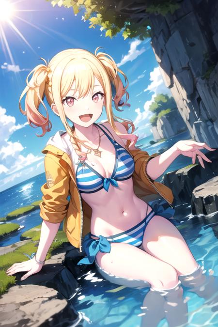 <lora:TenmaSaki-03:0.75>, 10ma_s, 1girl, solo, long hair, looking at viewer, smile, open mouth, blonde hair, hair ornament, red eyes, navel, cleavage, jewelry, sitting, collarbone, jacket, swimsuit, braid, flower, :d, bikini, outdoors, open clothes, sky, day, striped, cloud, pink eyes, water, necklace, star (symbol), twin braids, blue sky, dutch angle, ocean, sunlight, blue bikini, partially submerged, fish, bubble, star hair ornament, sun, coral, vertical-striped bikini, seaweed, clownfish