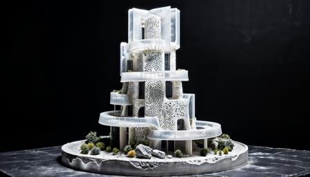 RAW photo, studio shot of an architecture physical model, futuristic tower design by Mad Architects, raw concrete + white translucent plastic, super detailed, diffused studio rim lighting, professional photography, black background, <lora:xl_more_art-full_v1:0.8> <lora:FormFinder-XL_v2:0.63>