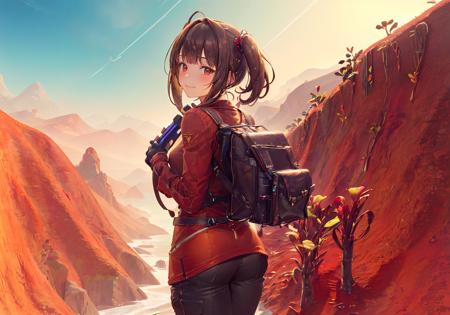 ((highly detailed, extremely detailed CG unity 8k wallpaper, illustration, highres, absurdres)), ((masterpiece)),
<lora:nomansky:1>nomanskyai,  scenery,outdoors, silhouette,  mountain, sky, sun
<lora:yixian_1.0_quhuafeng:0.6>
1girl, yixian,looking at viewer,smile,from behind,looking back,
bangs, blush,closed mouth, red eyes,