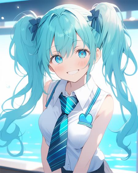 face focus, cute, masterpiece, best quality, 1girl, solo, twintails, necktie, long hair, upper body, shirt, smile, white shirt, sleeveless, looking at viewer, sleeveless shirt, heart, aqua hair, aqua eyes, breasts, closed mouth, bangs, 39, collared shirt, blue necktie, hair between eyes, aqua necktie