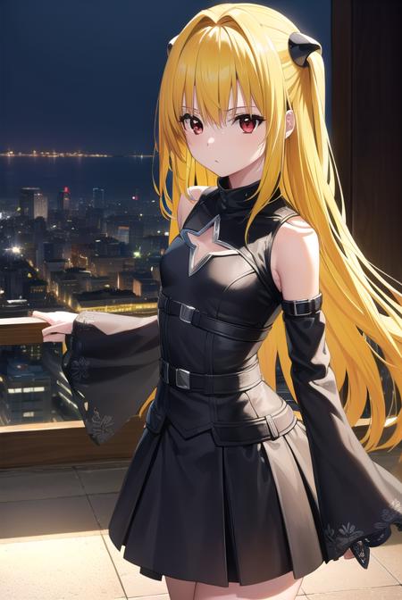 toloveruyami, <lora:toloveruyami-lora-nochekaiser:1>, 
yami, (yellow hair:1.5), long hair, (red eyes:1.5), (hair ornament:1.2), two side up, (small chest:1.2), 
BREAK sleeveless, detached sleeves, dress, black dress, black skirt, clothing cutout, cleavage cutout,
BREAK outdoors, city, night, sky,
BREAK looking at viewer, (cowboy shot:1.5),
BREAK <lyco:GoodHands-beta2:1>, (masterpiece:1.2), best quality, high resolution, unity 8k wallpaper, (illustration:0.8), (beautiful detailed eyes:1.6), extremely detailed face, perfect lighting, extremely detailed CG, (perfect hands, perfect anatomy),