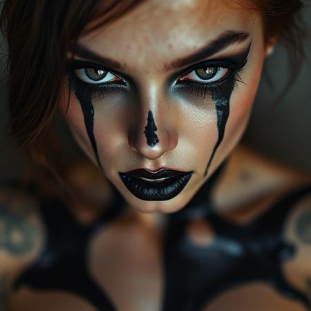 A beautiful woman with her eyes dripping with black makeup. Her lips are painted black and her large breasts are covered in black ooze.