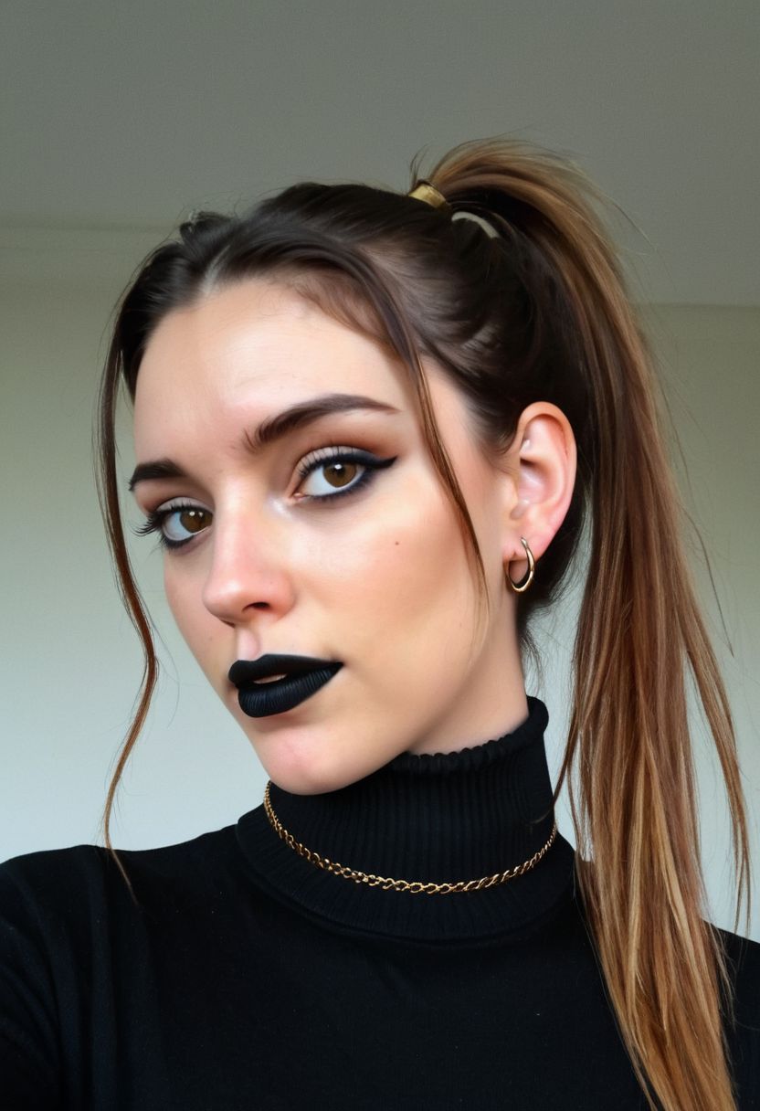 a woman with long hair wearing a black turtle neck sweater, wearing black choker, black choker, wearing choker, choker on neck, black turtleneck, choker around neck, choker, brown hair in a ponytail, steel choker, choker necklace, wearing collar, beautiful young face, wearing turtleneck, ponytails, selfie of a young woman, gold choker, necklace