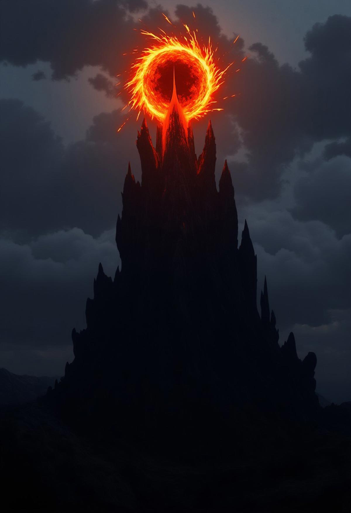 The image is an anime-styled illustration of a menacing and powerful character from the Lord of the Rings. The Eye of Sauron, perched atop Barad-dûr, the Dark Tower, is one of the most iconic and menacing symbols in J.R.R. Tolkien's The Lord of the Rings series. The Eye itself is depicted as a fiery, lidless eye, constantly searching and surveying the lands of Middle-earth. Its form is intense and unsettling, with a slit pupil that resembles that of a reptile or cat, giving it a predatory and all-seeing appearance.
The iris of the Eye glows with a burning, molten orange or red hue, radiating power and malevolence. Flames and tendrils of fire often seem to flicker around it, emphasizing its unyielding and consuming gaze. 
Barad-dûr, the fortress on which the Eye is set, is a massive, dark tower made of black iron and stone, located in the land of Mordor. The structure is imposing and jagged, with sharp spires and battlements that reach skyward. The tower is surrounded by an oppressive atmosphere of shadow and gloom, with dark clouds often swirling above, contributing to its ominous and foreboding presence.
The Eye of Sauron atop Barad-dûr is not only a literal symbol of Sauron's power but also a metaphoric representation of his desire for control and domination. Its gaze is relentless, embodying the fear and dread that Sauron instills in those who oppose him.