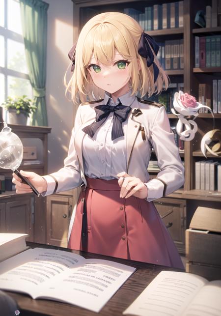 <lora:anisphia_wynn_palettia-15:1> (anisphia_wynn_palettia:1.2), pink skirt, short hair, in a laboratory, bookshelf, chemistry set, (((masterpiece))),(((best quality))),(((extremely detailed))),illustration, shiny,chromatic aberration abuse,pastel color,