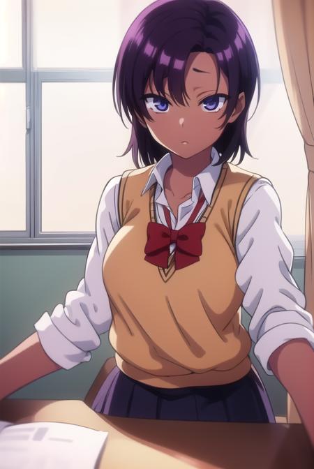 saehinata, <lora:saehinata-lora-nochekaiser:1>, 
sae hinata, blue eyes, purple hair, dark skin, dark-skinned female, short hair,
BREAK shirt, bow, school uniform, white shirt, collared shirt, bowtie, red bow, sweater vest, brown sweater,
BREAK looking at viewer,
BREAK indoors, classroom,
BREAK <lora:GoodHands-vanilla:1>, (masterpiece:1.2), best quality, high resolution, unity 8k wallpaper, (illustration:0.8), (beautiful detailed eyes:1.6), extremely detailed face, perfect lighting, extremely detailed CG, (perfect hands, perfect anatomy),