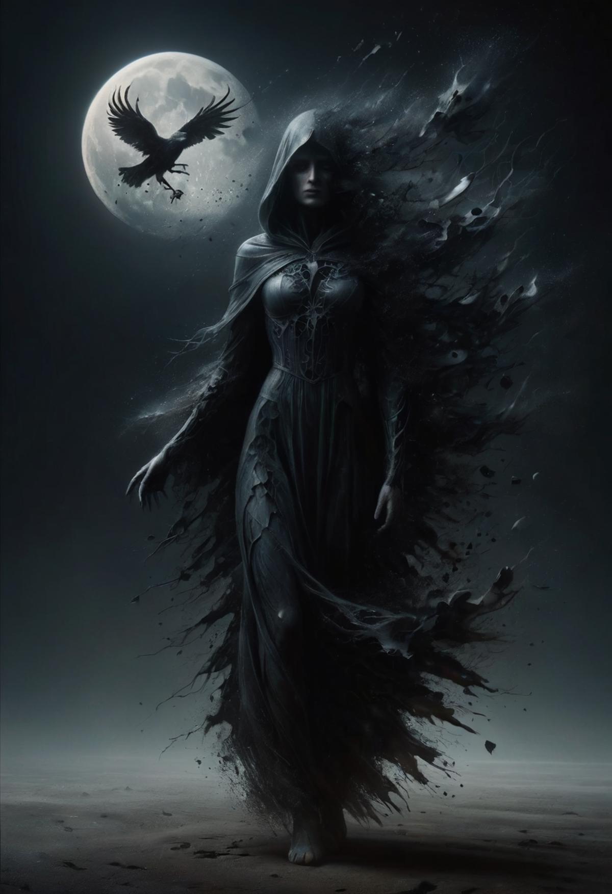 A woman in a flowing black cloak standing in front of a moonlit sky at night.