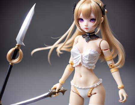 kkw-SmartDoll white theme, (masterpiece), (best quality), (detailed), light layer, lustrous skin, (intricate detailed clothes, high heel boots, covered navel, hair ornament, black choker:1.1), blond hair, long hair, hime cut, blunt bangs, sidelocks, , purple eyes, holding sword, close-up, kkw-ph-1