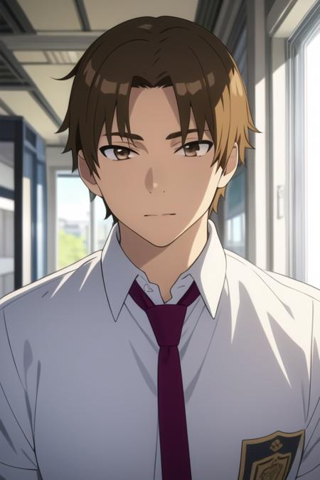 masterpiece, best quality, high quality, 1boy, solo, male focus, looking at viewer, upper body, <lora:matsuyuki_atsumu:0.74>, matsuyuki_atsumu, brown hair, brown eyes, white shirt, necktie, collared shirt, school uniform, <lora:Realism-10:0.15>, Realism