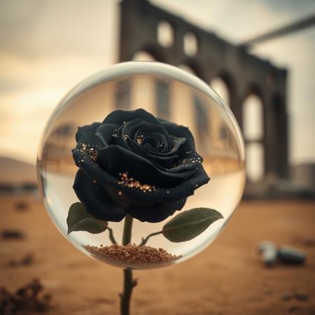 Closeup of a Black rose sprinkled with gold in crystal sphere,post apocalyptic desert, building ruins, shallow depth of field