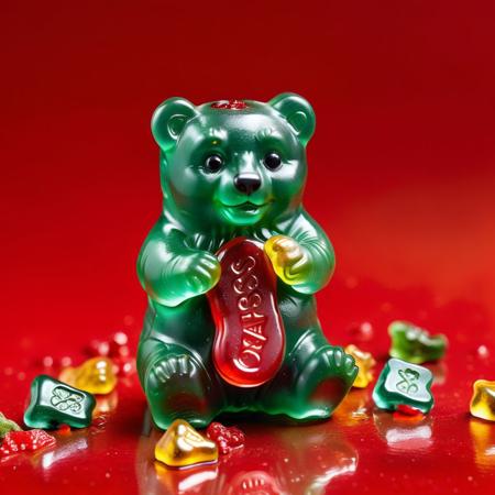 a close up of a gummy bear on a red background, green aura, noise rock album cover, pepper no. 3 5, film still promotional image, carolina reaper, by Pascal Blanch, the yellow creeper, grenade, mutated, superbia, datura, without text, golden earring, lossless. Cinematic. 8K. frameless. 18mm film.