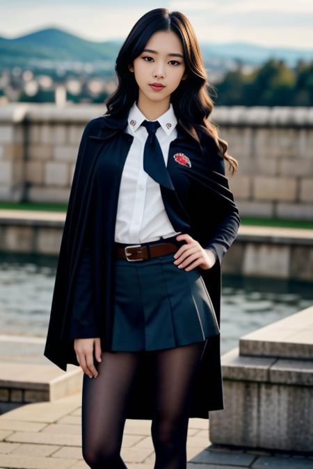 realistic, masterpiece, high detailed skin, looking at viewer, full body shot, scenic view, long hair, black hair
school uniform, long sleeves, black cape, black necktie, wing collar, shirt, belt, skirt, pantyhose, loafers <lora:Black_School_Dress_By_Stable_Yogi:1>