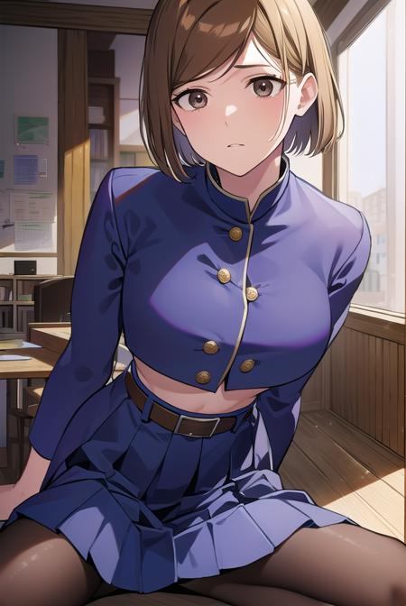 nobarakugisaki, <lyco:nobarakugisaki-LYCORIStest:1>,
nobara kugisaki, bob cut, (brown eyes:1.5), brown hair, lips, short hair,
BREAK belt, brown belt, brown pantyhose, crop top, crop top overhang, jujutsu tech uniform, pantyhose, pleated skirt, shirt tucked in, skirt, blue skirt, blue crop top,
BREAK looking at viewer,
BREAK indoors, classroom,
BREAK <lora:GoodHands-vanilla:1>, (masterpiece:1.2), best quality, high resolution, unity 8k wallpaper, (illustration:0.8), (beautiful detailed eyes:1.6), extremely detailed face, perfect lighting, extremely detailed CG, (perfect hands, perfect anatomy),