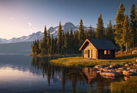 Solitude, a lonely cabin on a lake shore, forest and mountains in the distance, (best quality, 4k, photorealistic, HD, UHD, HDR), evening