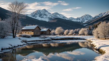 ((masterpiece:1.4,best quality)), cloud, outdoors, 
(mountains), spring glade, scenery, sky, winter, village, tree, pond, fishing hut
 high detail, abundant, 8k, high detail, wallpaper,
