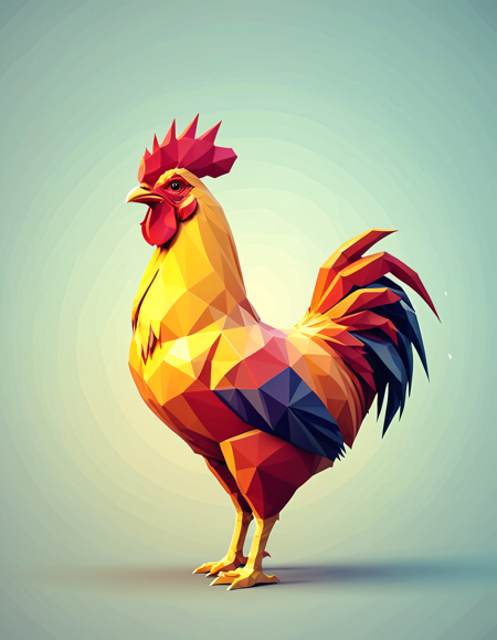 polygon style, low-poly animal, angular shape, 
geometric rooster, 
clean polygon edges, symmetrical design, digital art, 
 <lora:Polygon_Lora_XL:1>
polygonal sunset background, stylized trees, geometric leaves, minimal mist