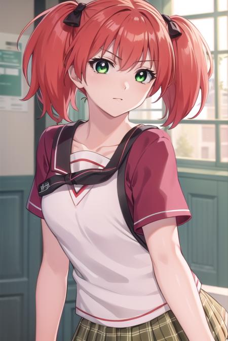 kokoashuzen, <lora:kokoa shuzen s2-lora-nochekaiser:1>,
kokoa shuzen, twintails, (green eyes:1.5), red hair, hair bow, short hair,
BREAK skirt, thighhighs, school uniform, black thighhighs, plaid, serafuku, red shirt, short sleeves, 
BREAK indoors, classroom,
BREAK looking at viewer, (cowboy shot:1.5),
BREAK <lyco:GoodHands-beta2:1>, (masterpiece:1.2), best quality, high resolution, unity 8k wallpaper, (illustration:0.8), (beautiful detailed eyes:1.6), extremely detailed face, perfect lighting, extremely detailed CG, (perfect hands, perfect anatomy),