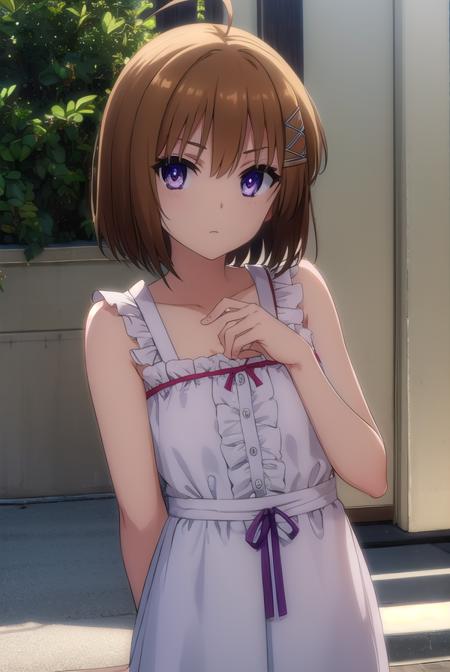 haruna, short hair, brown hair, (purple eyes:1.1), ahoge, hair ornament, x hair ornament, dress, collarbone, frills, bow, sleeveless, bare arms,